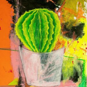 Cactus in white pot, mexid midia on cardboard, 48,7x35cm Oldham England 2020